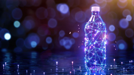 This captivating image showcases a water bottle designed with illuminated neon lights and intricate digital connections, set against a reflective surface.の素材
