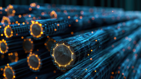 This striking image features a digital representation of cylindrical objects illuminated with neon lights, showcasing a blend of technology and abstraction.の素材