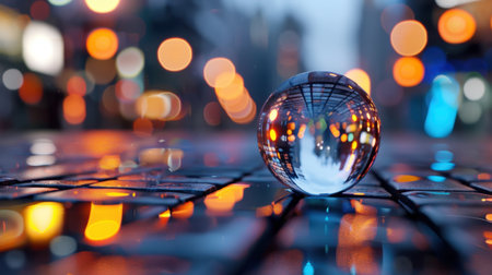 A stunning close-up of a crystal ball reflecting a mesmerizing array of urban lights on a cobblestone street, creating a captivating bokeh effect.の素材