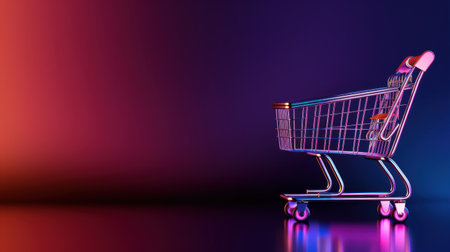 A shiny metal shopping cart sits on a reflective surface against a colorful gradient background, representing modern retail and shopping experiences.の素材