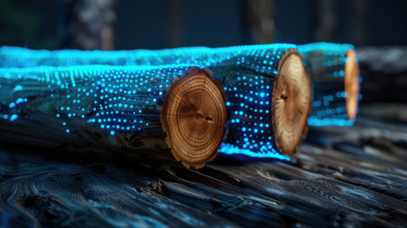 This stunning digital artwork showcases glowing logs with blue light effects, creating a unique fusion of nature and technology. Ideal for creative projects.の素材
