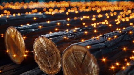 A captivating close-up of wooden logs adorned with sparkling lights. This image showcases the natural beauty and texture of wood, creating a warm and inviting ambiance perfect for seasonal decorations.の素材