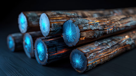 Captivating image of glowing logs featuring intricate blue patterns against a dark background, perfect for design projects, art, or nature-inspired themes.の素材