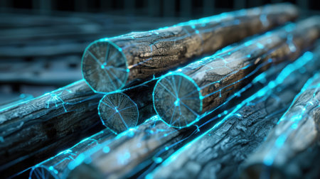 A captivating visualization of natural wood logs enhanced with futuristic blue neon lines, symbolizing the intersection of nature and technology in a creative setting.の素材
