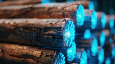 A collection of decorative wooden logs featuring striking blue light accents, showcasing unique textures and creating an inviting atmosphere in modern spaces.の素材