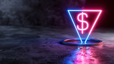 Vibrant neon dollar sign within a triangular frame glowing against a dark textured surface, perfect for themes related to finance and investment.の素材