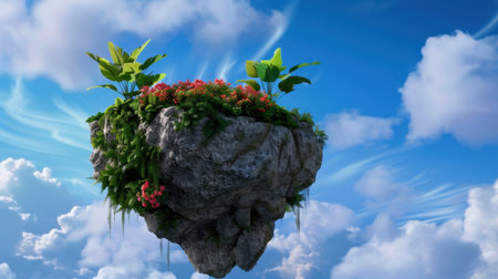 Explore a mesmerizing floating island adorned with lush green plants and bright flowers, set against a dreamlike blue sky and fluffy clouds.の素材