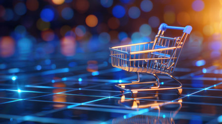 A sleek shopping cart stands alone against a glowing digital landscape filled with vibrant bokeh lights, symbolizing the future of retail and online shopping experiences.の素材