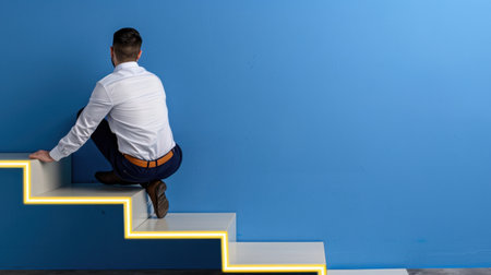 A businessman in a white shirt climbs a sleek staircase set against a vibrant blue wall, symbolizing ambition and progress in a modern workspace.の素材