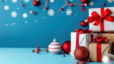 Brightly wrapped gifts with colorful ribbons and shiny ornaments create a cheerful atmosphere, perfect for holiday celebrations and joyful gatherings.の素材