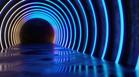 This image showcases an abstract tunnel drenched in neon lights, reflecting beautifully on the water's surface, creating a mood of mystery and modernity.の素材