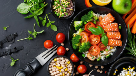 A vibrant salmon bowl with fresh vegetables and rice, set against a dark background. Ideal for culinary projects focusing on nutrition and healthy eating.の素材
