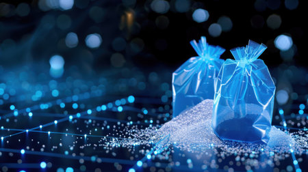 This captivating image showcases blue plastic bags holding granulated material against a sparkling digital background, blending modernity with elegance.の素材
