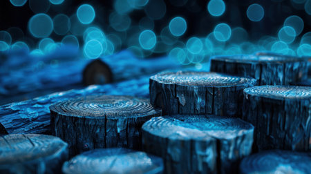 A captivating close-up of wooden logs featuring distinct rings and textures set against a blurred blue bokeh background. This serene image evokes natural beauty.の素材