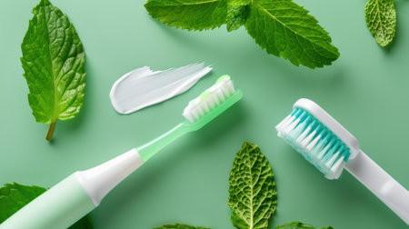 Two toothbrushes beside fresh mint leaves and a smear of toothpaste on a calming green backdrop, ideal for promoting oral hygiene and wellness.の素材