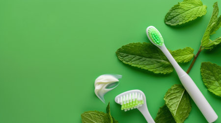 A vibrant flat lay featuring toothbrushes and mint leaves against a green backdrop. Ideal for promoting dental care and oral hygiene practices.の素材