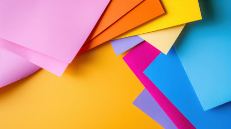 A vibrant assortment of colorful sheets of paper arranged on a bright yellow background, perfect for art projects, crafts, and creative activities.の素材