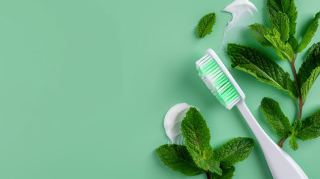 This image features a fresh toothbrush with minty toothpaste and vibrant mint leaves on a soft green background. It embodies cleanliness, freshness, and natural oral hygiene concepts.の素材