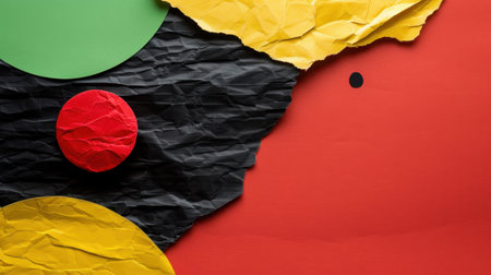 A striking abstract composition featuring crumpled paper textures and vibrant geometric shapes in red, black, yellow, and green tones for a modern aesthetic.の素材