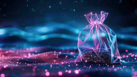 This captivating image features an abstract glowing bag filled with sparkling particles, surrounded by a vibrant flowing background that evokes a sense of wonder and creativity.の素材