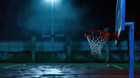 A captivating nighttime image of a basketball court featuring an illuminated hoop surrounded by a misty, urban atmosphere, evoking emotions of solitude and excitement.の素材