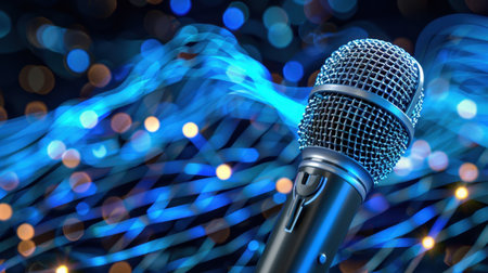 A close-up view of a microphone set against a vibrant background with colorful bokeh effects. Ideal for themes related to music, performance, and entertainment.の素材