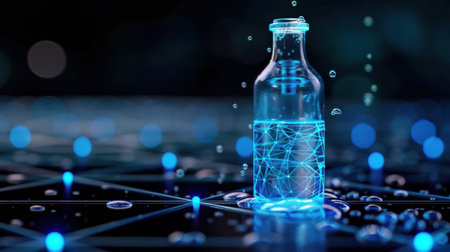 This image features a transparent bottle illuminated with blue glowing lines, surrounded by droplets on a dark background, symbolizing innovation and technology.の素材