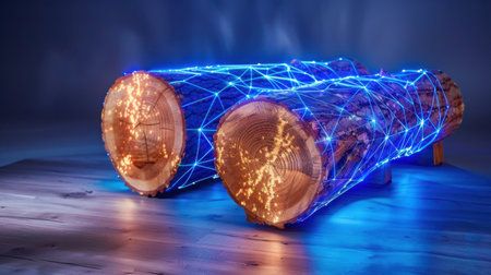This captivating image features two logs intertwined with bright blue lights, creating a stunning network effect on a gentle backdrop, symbolizing innovation.の素材