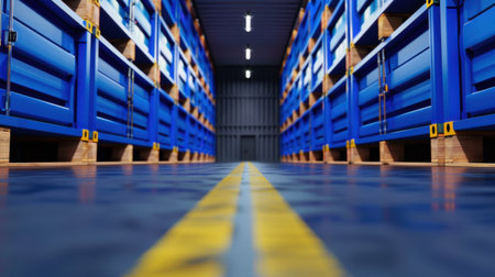 A modern warehouse interior showcasing neatly arranged blue storage containers along an aisle with a vibrant yellow line marking the floor.の素材