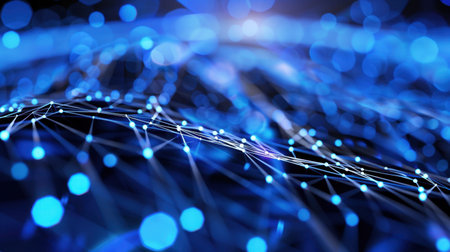 Vibrant abstract digital background featuring glowing blue particles and interconnected nodes, illustrating concepts of technology, innovation, and data visualization.の素材