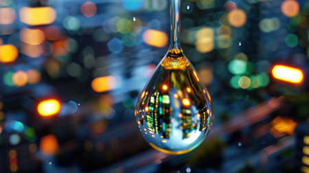 A stunning macro shot of a raindrop capturing reflections of vibrant city lights, set against a beautifully blurred bokeh background at night.の素材
