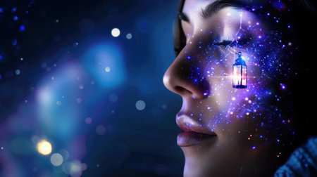 A mesmerizing portrait of a woman lost in thought, with a lantern casting light against a backdrop of galaxies and stars, reflecting her inner dreams.の素材