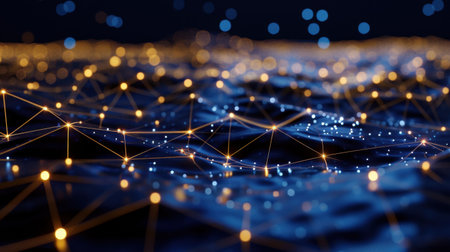 This abstract image showcases a digital landscape filled with glowing network connections and particles in vibrant blue and orange hues, creating a futuristic atmosphere.の素材