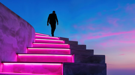A solitary figure ascends a staircase illuminated by vibrant neon lights against a stunning sunset backdrop. The scene captures a sense of tranquility and reflection.の素材