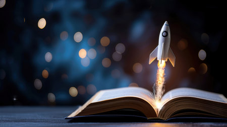 This captivating image depicts a rocket launching from an open book, representing the limitless possibilities of imagination, innovation, and learning.の素材