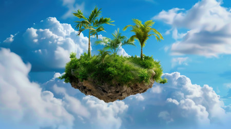 A captivating floating island with vibrant palm trees and lush greenery set against a backdrop of fluffy clouds and a bright blue sky, creating a serene fantasy landscape.の素材