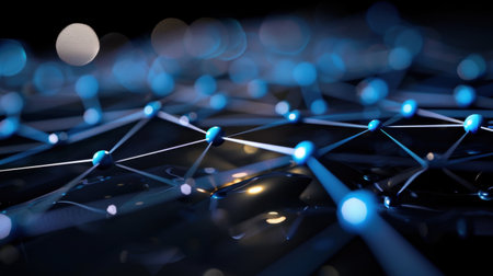 This abstract image showcases a detailed representation of network connections featuring glowing blue nodes and shimmering textures. Perfect for technology themes.の素材