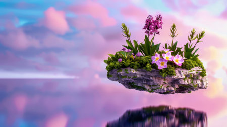 This captivating image features a floating island adorned with vibrant flowers and lush greenery against a breathtaking sunset sky. Ideal for nature and fantasy themes.の素材
