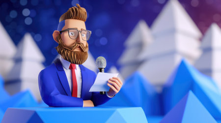A charming cartoon character with glasses and a beard delivers a speech using a microphone. The scene features stylized mountains and a vibrant starry background, perfect for media and presentation themes.の素材