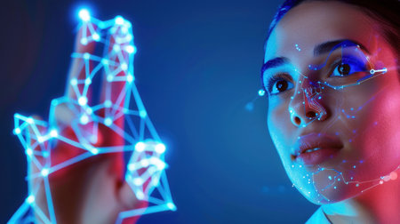 A close-up portrait of a woman interacting with a futuristic digital interface showcasing facial recognition technology, highlighting innovation and creativity.の素材