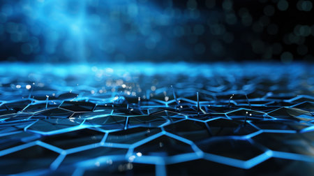 This captivating abstract image showcases glowing blue hexagons with water droplets on a reflective surface, creating a modern, high-tech feel ideal for diverse projects.の素材