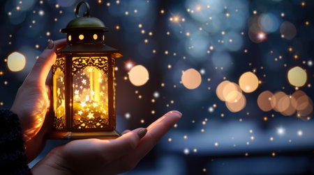 A hand gracefully holds a beautifully designed lantern emitting a warm glow, surrounded by sparkling lights, creating a magical winter atmosphere.の素材