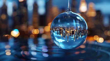 A mesmerizing water drop captures the city skyline in its reflection, surrounded by vibrant bokeh lights, showcasing urban beauty at night.の素材