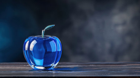A stunning glass apple filled with vibrant blue liquid and adorned with a natural leaf, set against a moody dark background, perfect for artistic interpretations.の素材