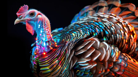 This striking image showcases a turkey with vividly colored feathers illuminated by dramatic lighting against a dark backdrop, emphasizing its beauty.の素材