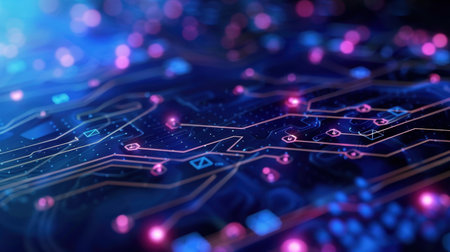 Close-up view of a vibrant digital circuit board with intricate lines and glowing lights in blue and pink, representing modern technology and electronic innovation.の素材