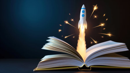 This captivating image features an open book with a rocket launching from its pages, symbolizing the power of imagination and inspiration. The dark background highlights the vibrant energy of creativity and exploration.の素材