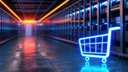 A vibrant neon shopping cart positioned in a futuristic digital warehouse, surrounded by organized shelves and illuminated aisles, perfect for e-commerce themes.の素材