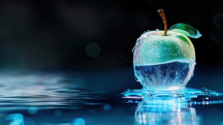 A vibrant green apple sits in clear water, showcasing beautiful raindrops and reflections against a dark background, evoking freshness and purity.の素材