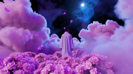 A mesmerizing dreamscape featuring a figure in a flowing white cloak standing amidst vibrant pink flowers under a starry night sky.の素材
